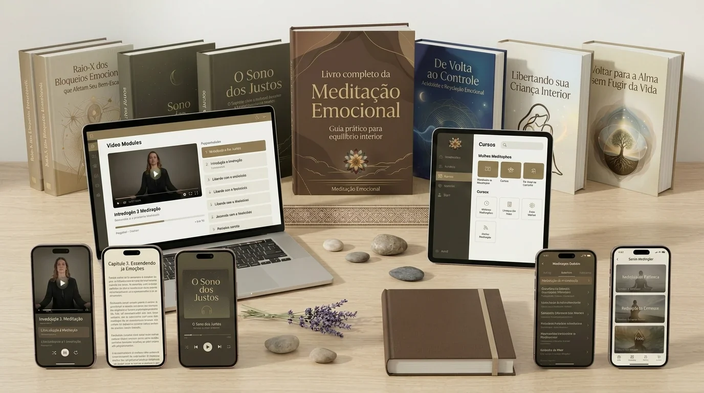 Mockup da oferta com app, livro, audiobook e aulas em m&uacute;ltiplos dispositivos