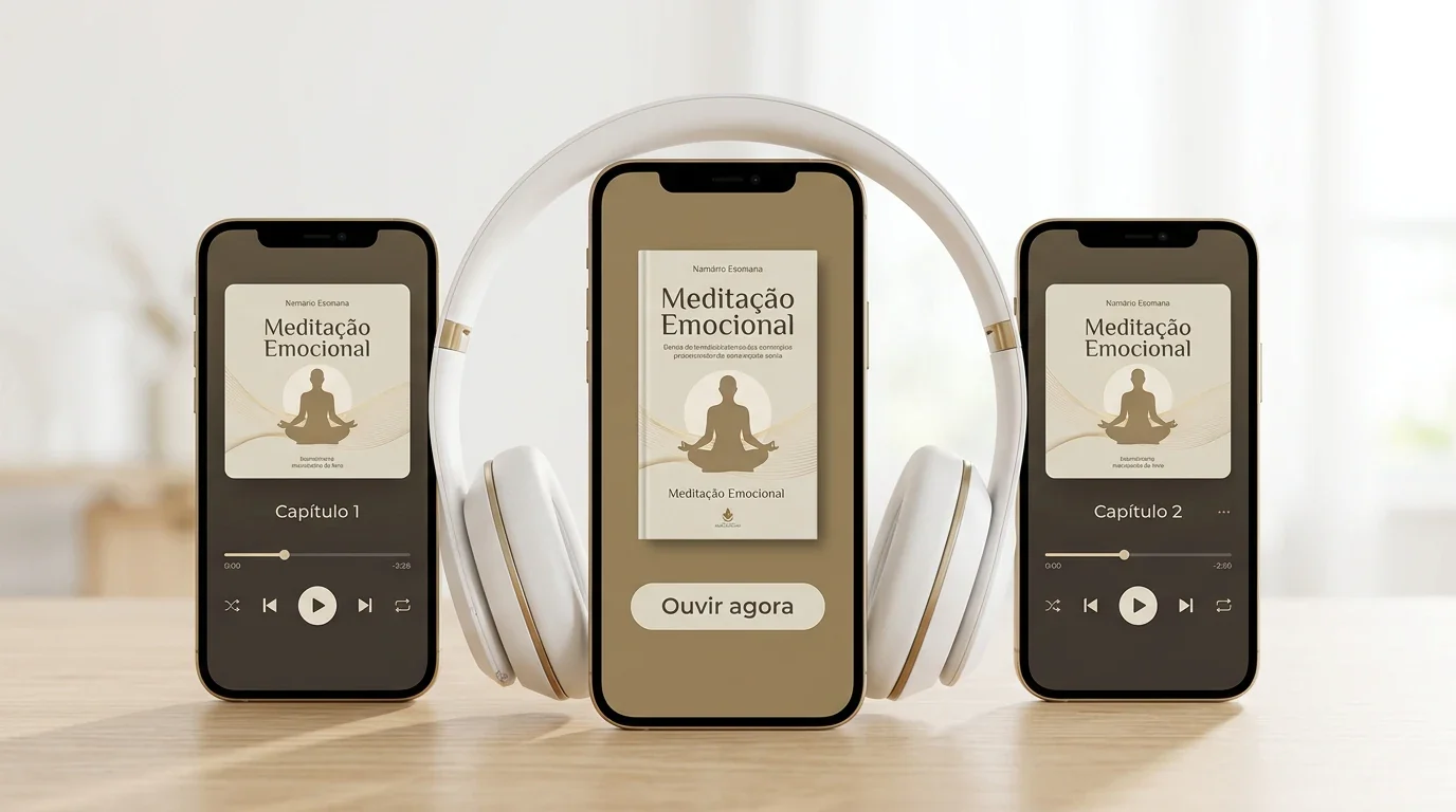 Mockup do audiobook completo com celular central, cap&iacute;tulos em &aacute;udio nos celulares laterais e fone de ouvido