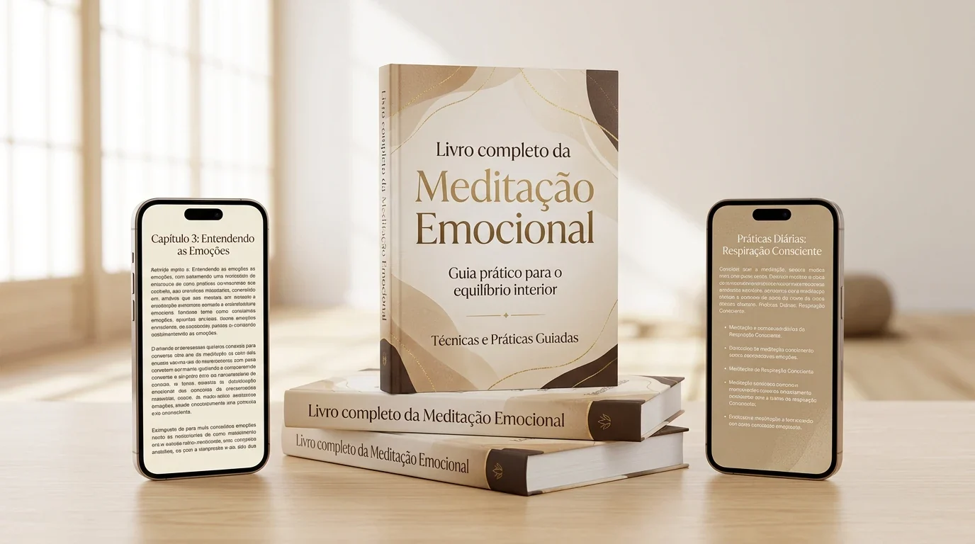 Mockup do livro completo da Medita&ccedil;&atilde;o Emocional com pilha de livros e telas de leitura no celular