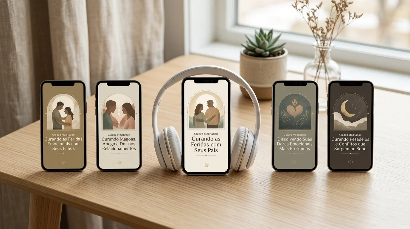 Mockup das medita&ccedil;&otilde;es emocionais guiadas com cinco celulares e fone de ouvido no centro