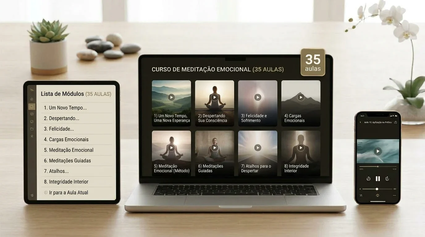 Mockup do curso completo em v&iacute;deo com notebook, tablet e celular exibindo os m&oacute;dulos e as aulas